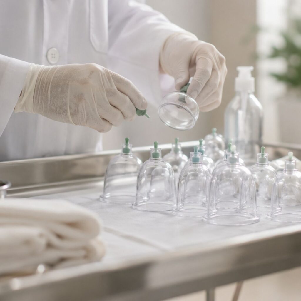 Hijama Schröpfgläser auf einem sterilen Tablet werden von einer Handschuh tragenden Therapeutin zur Anwendung vorbereitet